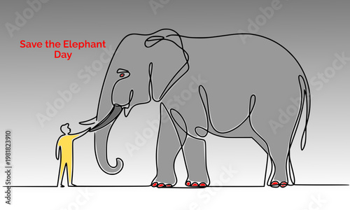 Save the Elephant Day minimalist continuous line art illustration of human figure standing beside large elephant, wildlife conservation and endangered animal protection awareness concept