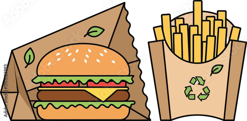 Illustrated fast food meal with burger and fries in eco friendly packaging Vector