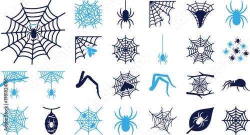 Intricate spiderweb designs with spiders and insects, nature and Halloween themes.
