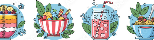Colorful Hand-Drawn Desserts, Smoothies, and Fresh Fruits in Vibrant Bowls and Jars in a Playful Vector Illustration"
