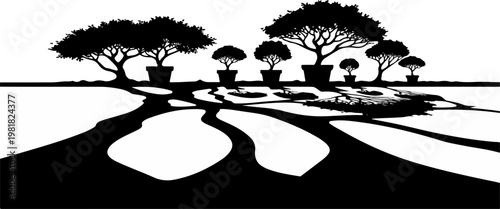 Conceptual Silhouette of Potted Trees with Shadows Transforming into Winding Paths Metaphor for Life Journeys and Growth Vector Illustration