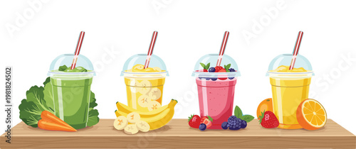 Hand-Drawn Smoothies with Fruits and Vegetables, Including Banana, Strawberry, and Carrot in a Refreshing Vector Illustration"