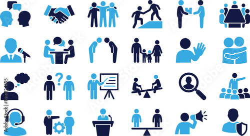 Collection of human interaction and business icons on white background.