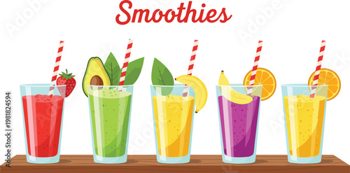 Vibrant Hand-Drawn Smoothies with Strawberries, Bananas, Avocados, and Oranges in a Healthy Vector Illustration"