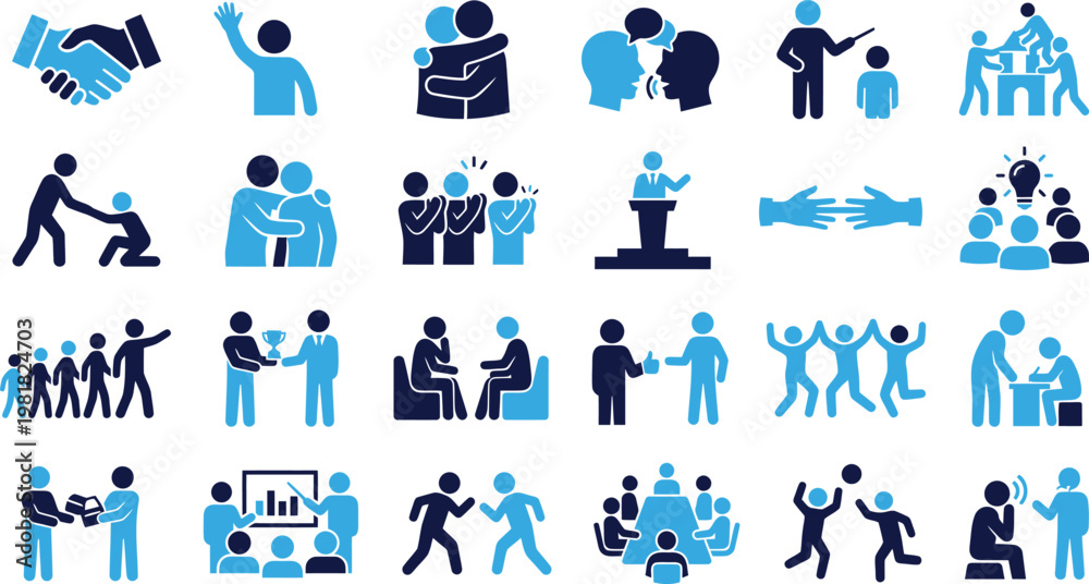 Fototapeta premium Set of diverse business and team icons with diverse activities and collaboration.