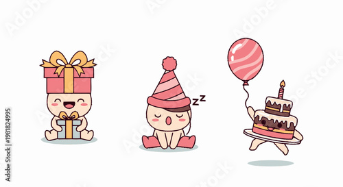 Adorable Cartoon Characters Celebrating Birthday Party with Gifts and Cake.