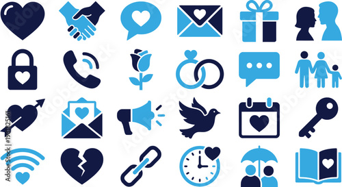 Set of romantic and relationship icons: love, marriage, and connection symbols.