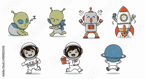 Adorable Cartoon Characters Depicting Aliens, Robots, Astronauts, and Rocket Ships.