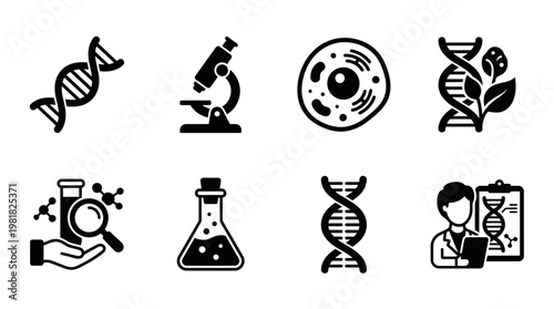 Biology Icons Vector – DNA Double Helix, Research Microscope, Cell Structure, DNA Strand with Cell, Scientist Magnifier, Laboratory Flask, Genetic DNA Symbol, Molecular Research Magnifier Graphic
