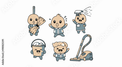 Adorable Cartoon Characters Depicting Cleaning Tools and Supplies.