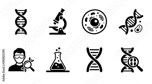 Biology Icons Vector – DNA Double Helix, Research Microscope, Cell Structure, DNA Strand with Cell, Scientist Magnifier, Laboratory Flask, Genetic DNA Symbol, Molecular Research Magnifier Graphic
