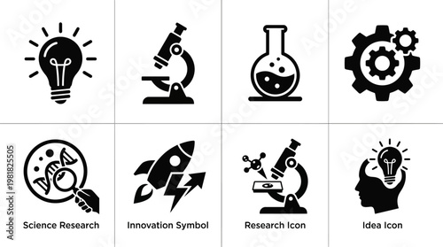 Science Icons Vector – Research Microscope, Chemistry Test Tubes, Innovation Light Bulb Gear, Data Growth Chart, Technology Advancement Gear, Atomic Research Magnifier, Laboratory Flask, Scientific