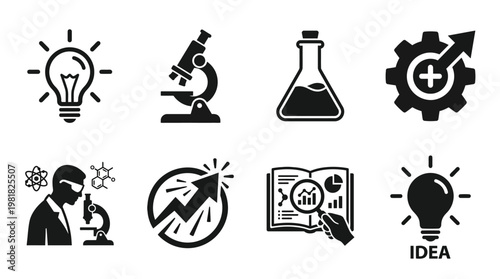 Science Icons Vector – Research Microscope, Chemistry Test Tubes, Innovation Light Bulb Gear, Data Growth Chart, Technology Advancement Gear, Atomic Research Magnifier, Laboratory Flask, Scientific