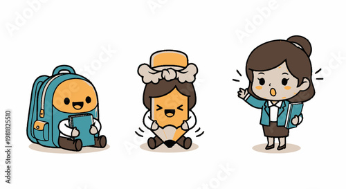 Adorable Cartoon Characters Depicting Education and School Supplies.