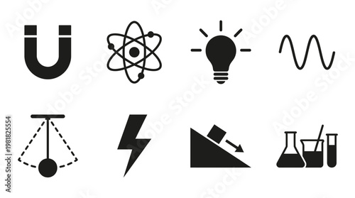 Science Icons Vector – Magnet Poles, Atomic Structure, Atomic Energy Bolt, Wave Lambda Symbol, Newton’s Cradle, Lightning Electricity, Inclined Plane Forces, Chemistry Flask DNA Graphic
