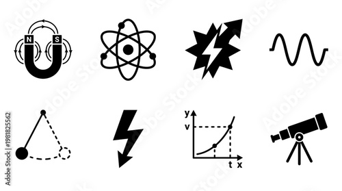 Science Icons Vector – Magnet Poles, Atomic Structure, Atomic Energy Bolt, Wave Lambda Symbol, Newton’s Cradle, Lightning Electricity, Inclined Plane Forces, Chemistry Flask DNA Graphic
