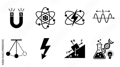 Science Icons Vector – Magnet Poles, Atomic Structure, Atomic Energy Bolt, Wave Lambda Symbol, Newton’s Cradle, Lightning Electricity, Inclined Plane Forces, Chemistry Flask DNA Graphic
