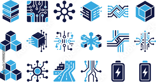 Futuristic technology icons abstract digital science and network symbols.