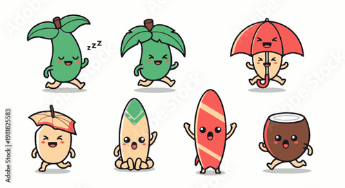 Adorable Cartoon Characters Depicting Fruits and Tropical Elements.