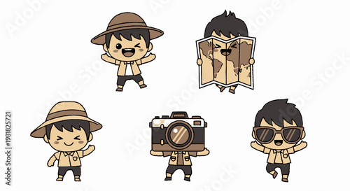 Adorable Cartoon Characters Depicting Travel and Adventure with Various Accessories.