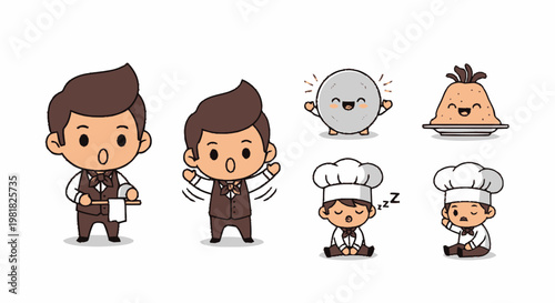 Adorable Cartoon Characters Depicting Various Culinary Professions and Tasks.