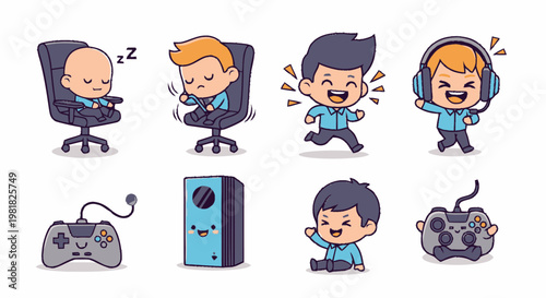 Adorable Cartoon Characters Depicting Various Gaming and Lifestyle Activities.