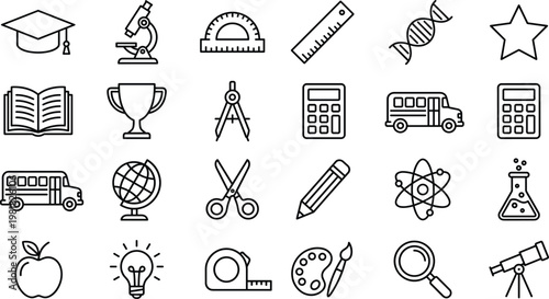 Education and school icon set with science tools, classroom supplies, line vector symbols for learning, academic design, minimal outline collection