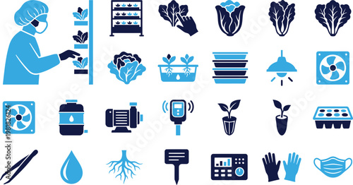 Person in lab coat tending to hydroponic plants with fan and equipment icons.