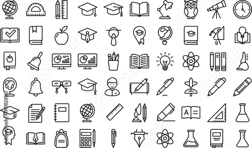 Modern education line icon set featuring school supplies, learning tools, graduation symbols, science elements, minimal outline vector collection for web and apps