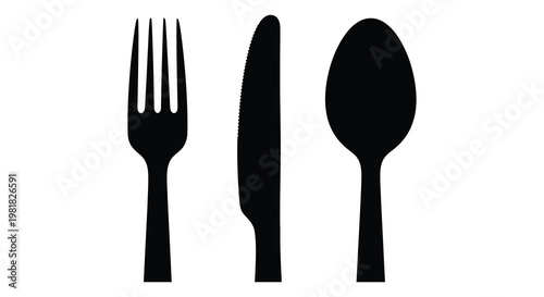 Black silhouettes of a fork knife and spoon arranged on a white background silhouette