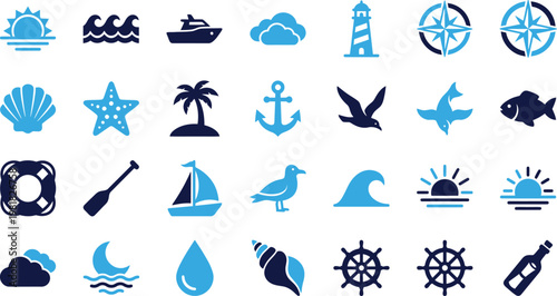 Nautical marine icons vector set sailboat lighthouse anchor starfish shell.