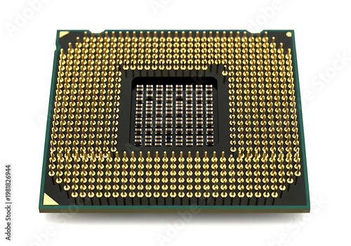 A high resolution close up studio view of a central processing unit chip showcasing the intricate gold pin array on the bottom