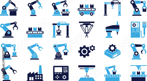 Collection of industrial robot arm icons for automation and manufacturing.