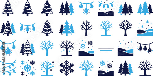 Winter and christmas elements icons fir trees snowflakes and holiday lights.