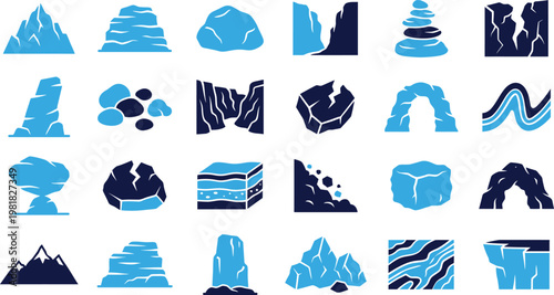 Diverse mountain and rock formations icons for geological and outdoor themes.