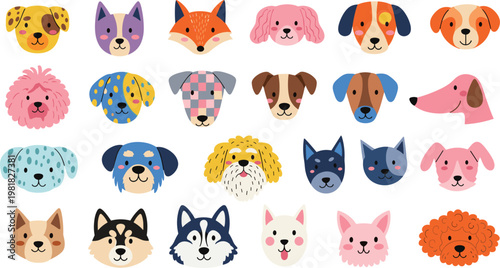 "Colorful Hand-Drawn Dog and Animal Faces in a Fun, Playful Vector Illustration"