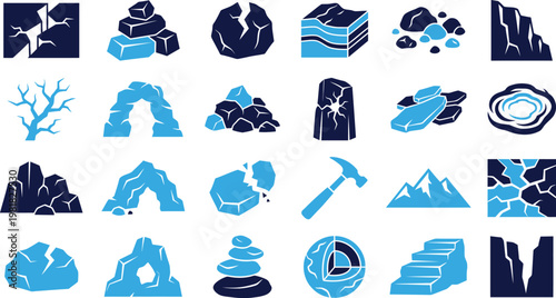 Geological formations, rocks, and outdoor adventure icons set.