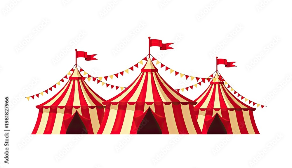 Fototapeta premium Three red and white striped circus tents with flags and bunting