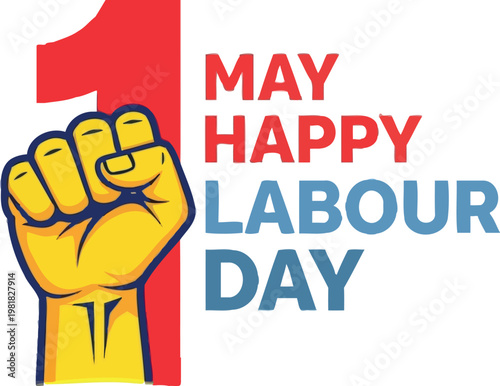 Happy labour day greeting card with fist and number one