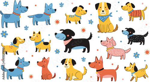 Colorful Hand-Drawn Cartoon Dogs with Bandanas, Flowers, and Playful Designs in a Fun Vector Illustration"