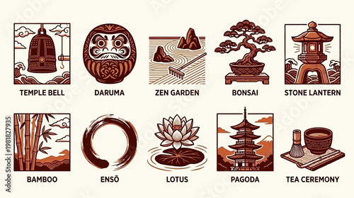 A curated collection of Japanese Zen spiritual and cultural icons, rendered in a beautiful sepia ukiyo-e style, representing heritage, tranquility, and traditional art