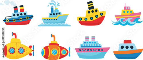 Cartoon Boat and Submarine Collection Featuring Colorful Ships Marine Transport Vessels Ocean Travel Illustrations for Kids Design