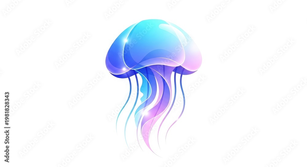 Fototapeta premium Vibrant blue and purple jellyfish illustration with long tentacles on white background aquatic animal concept