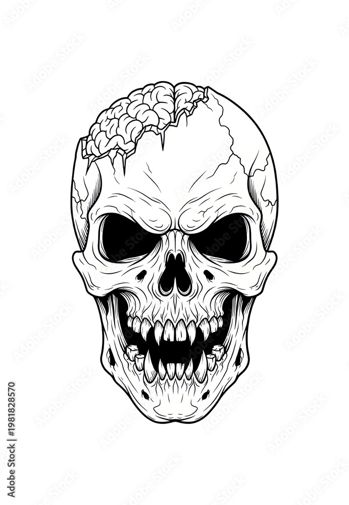 Obraz premium Zombie skull with exposed brain and menacing grin, sharp teeth