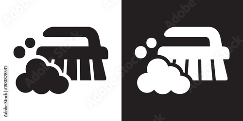 Flat Cleaning Brush Icon with Bristles and Soap Foam for Cleaning and Sanitizing