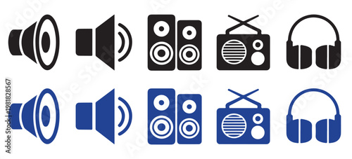 Set of vector icons for web design featuring music speaker and media technology symbols illustration