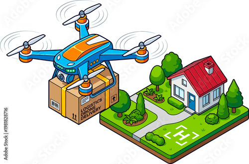 Autonomous delivery drone dropping off a package at a residential house