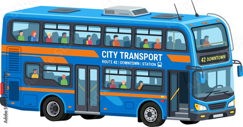 Blue double decker city transport bus with passengers on urban route