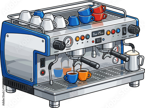 Commercial espresso coffee machine brewing multiple cups