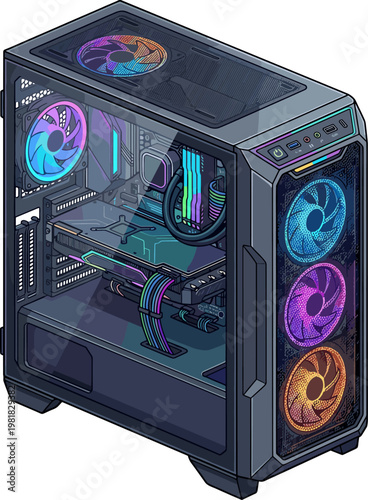Desktop gaming computer tower with internal rgb lighting components